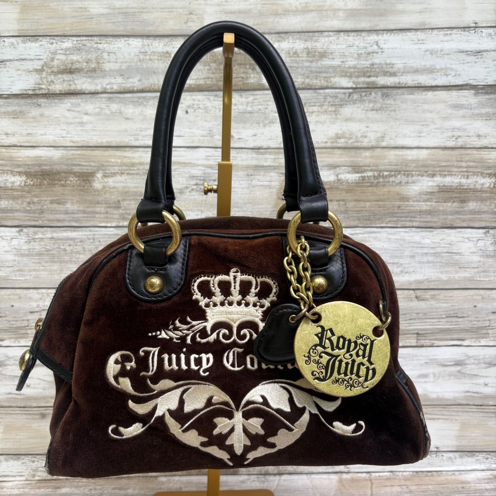 Juicy‎ Couture Royal Bowler Bag Brown Velour Y2K Crown Logo Gold Hardware  Fair
